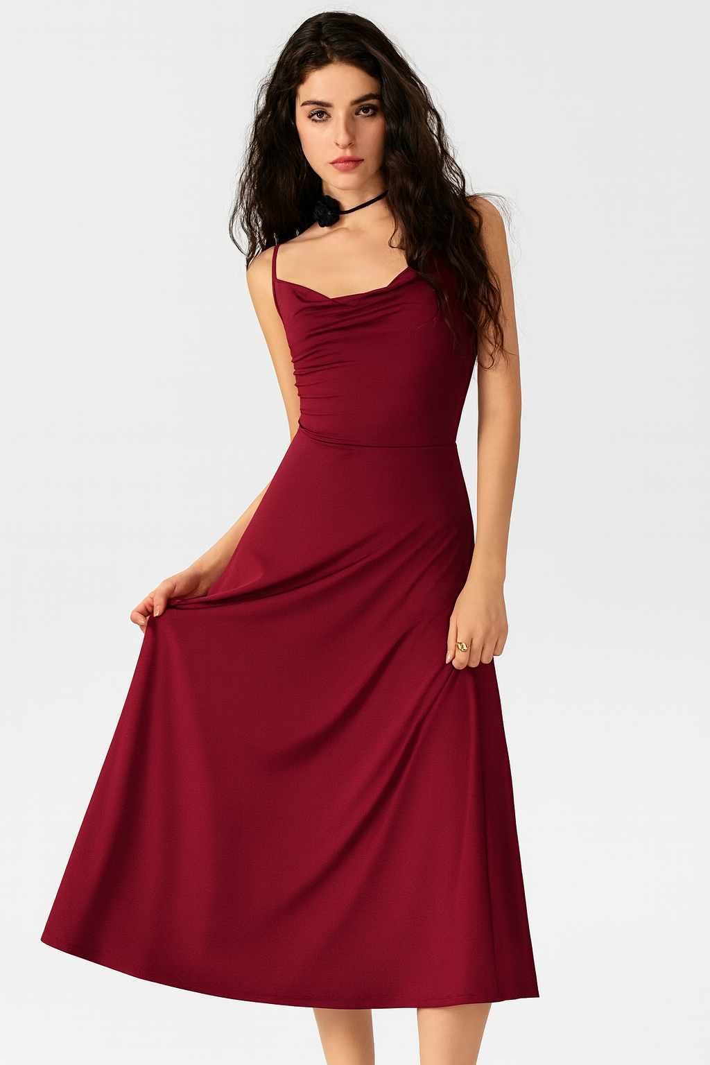 Damen Midikleid mit Spaghettiträgern und gerafftem Ausschnitt