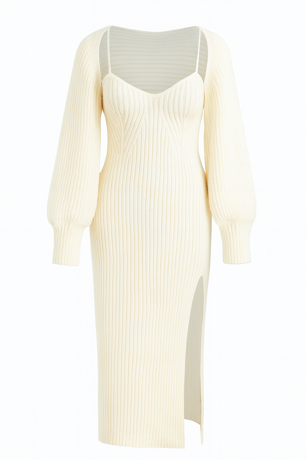 Damen Strick-Midikleid mit langen Ärmeln und hohem Schlitz