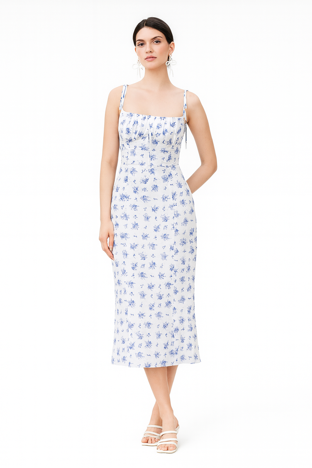 Damen Midikleid mit Spaghettiträgern und gerafftem Oberteil