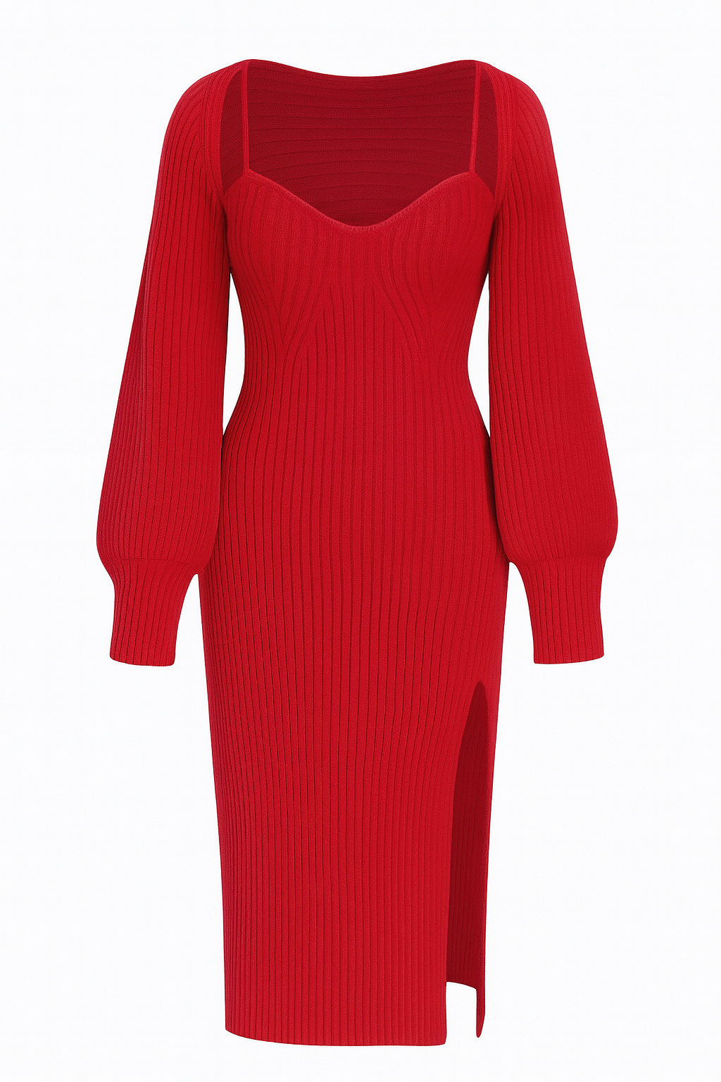 Damen Strick-Midikleid mit langen Ärmeln und hohem Schlitz