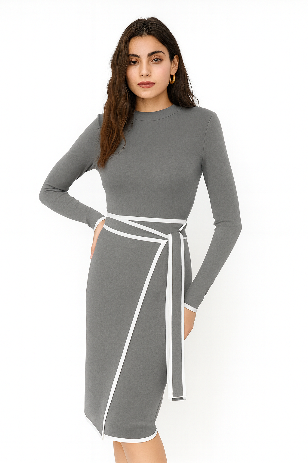 Damen Strick-Midikleid mit Stehkragen und Bindegürtel