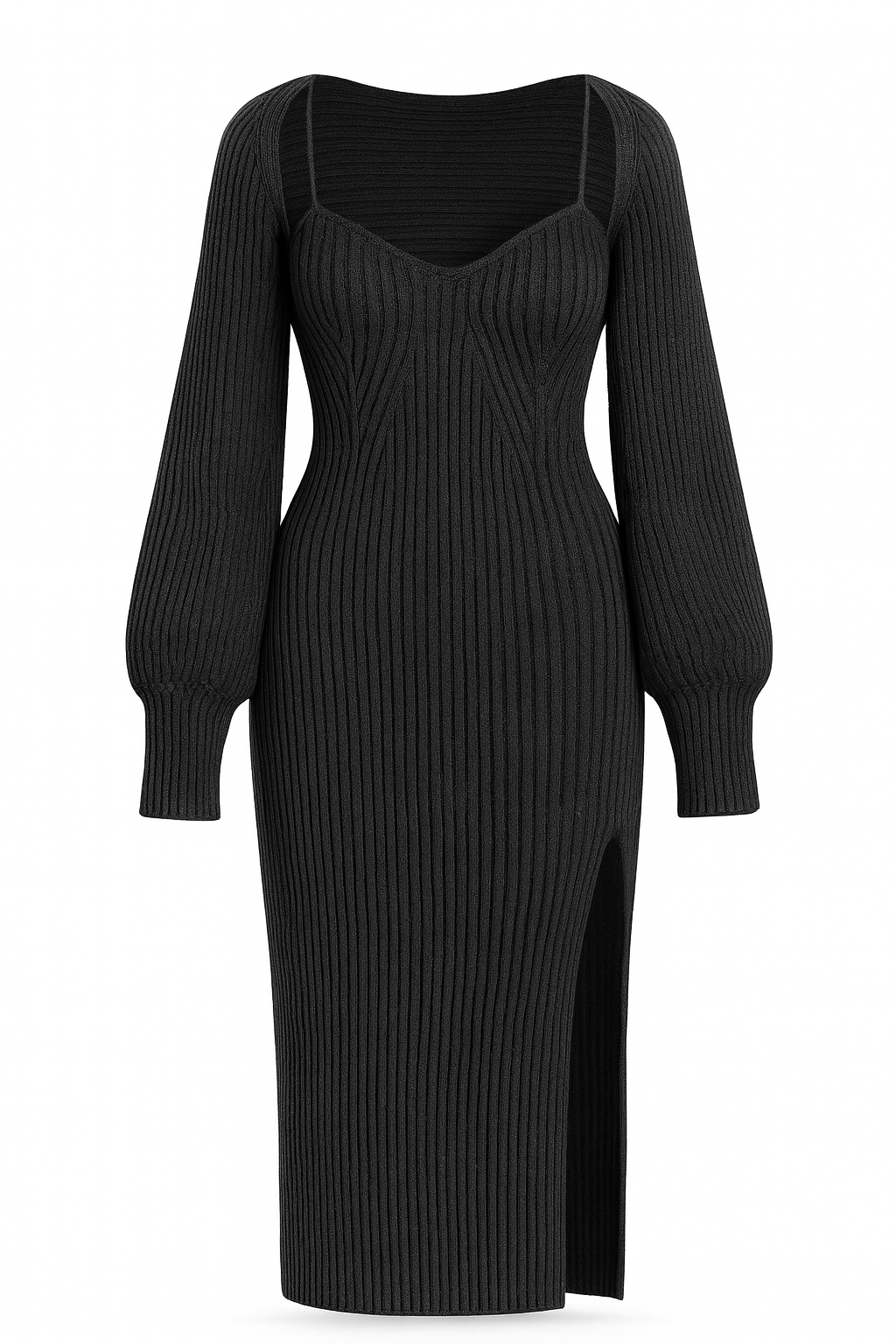 Damen Strick-Midikleid mit langen Ärmeln und hohem Schlitz