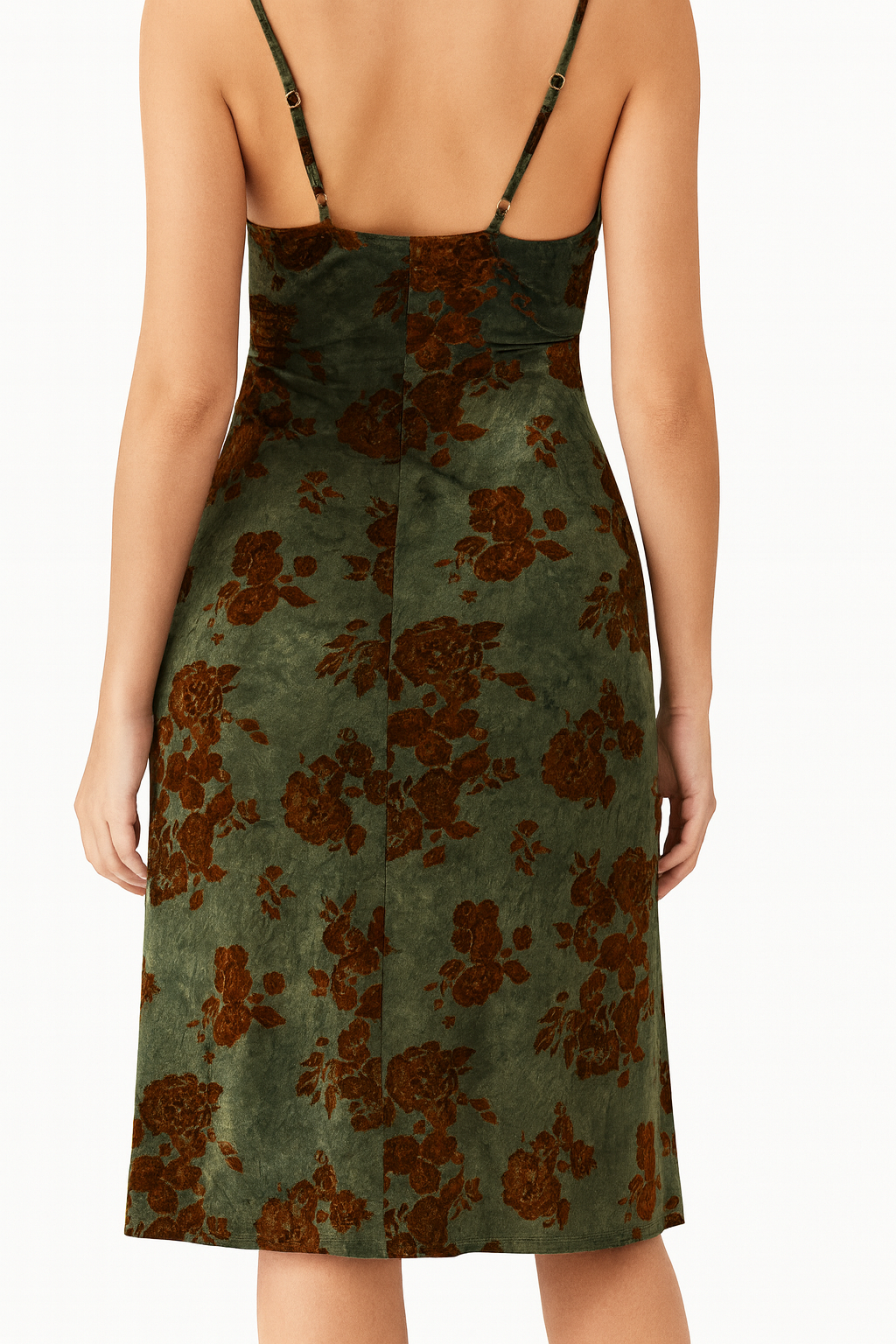 Damen Samt-Midikleid mit Spaghettiträgern und Blumenmuster