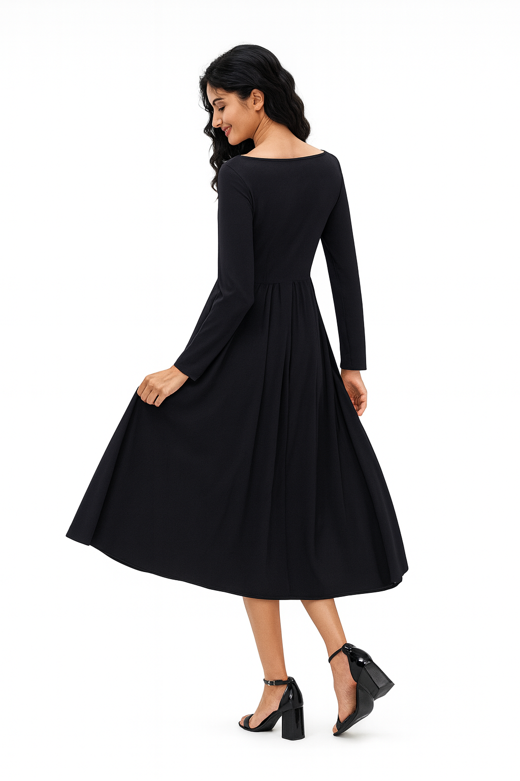 Damen Midikleid mit langen Ärmeln und A-Linie