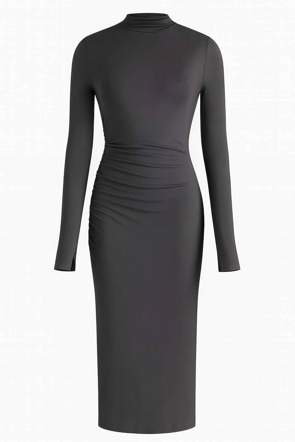 Damen Rippstrick-Midikleid mit langen Ärmeln und hohem Ausschnitt