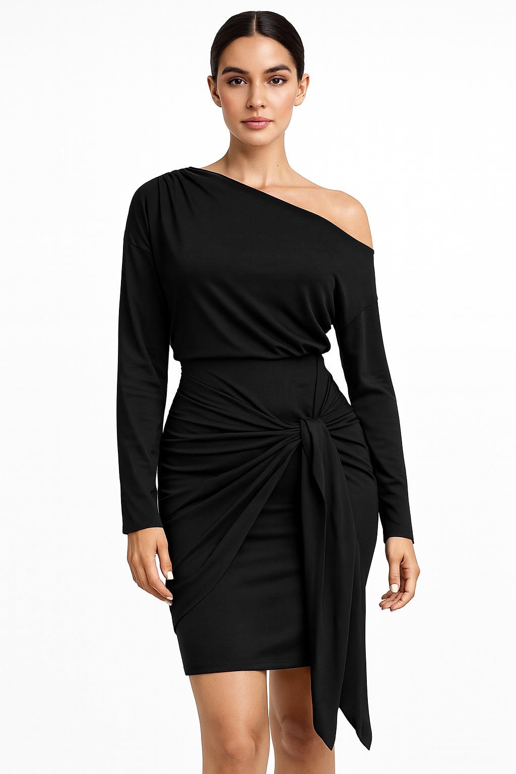 Damen One-Shoulder-Kleid mit Knotenfront und langen Ärmeln