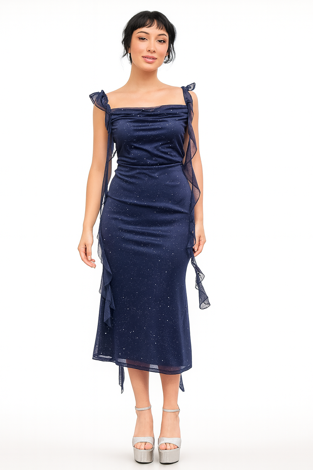 Damen Maxikleid mit Rüschen und figurbetonter Silhouette