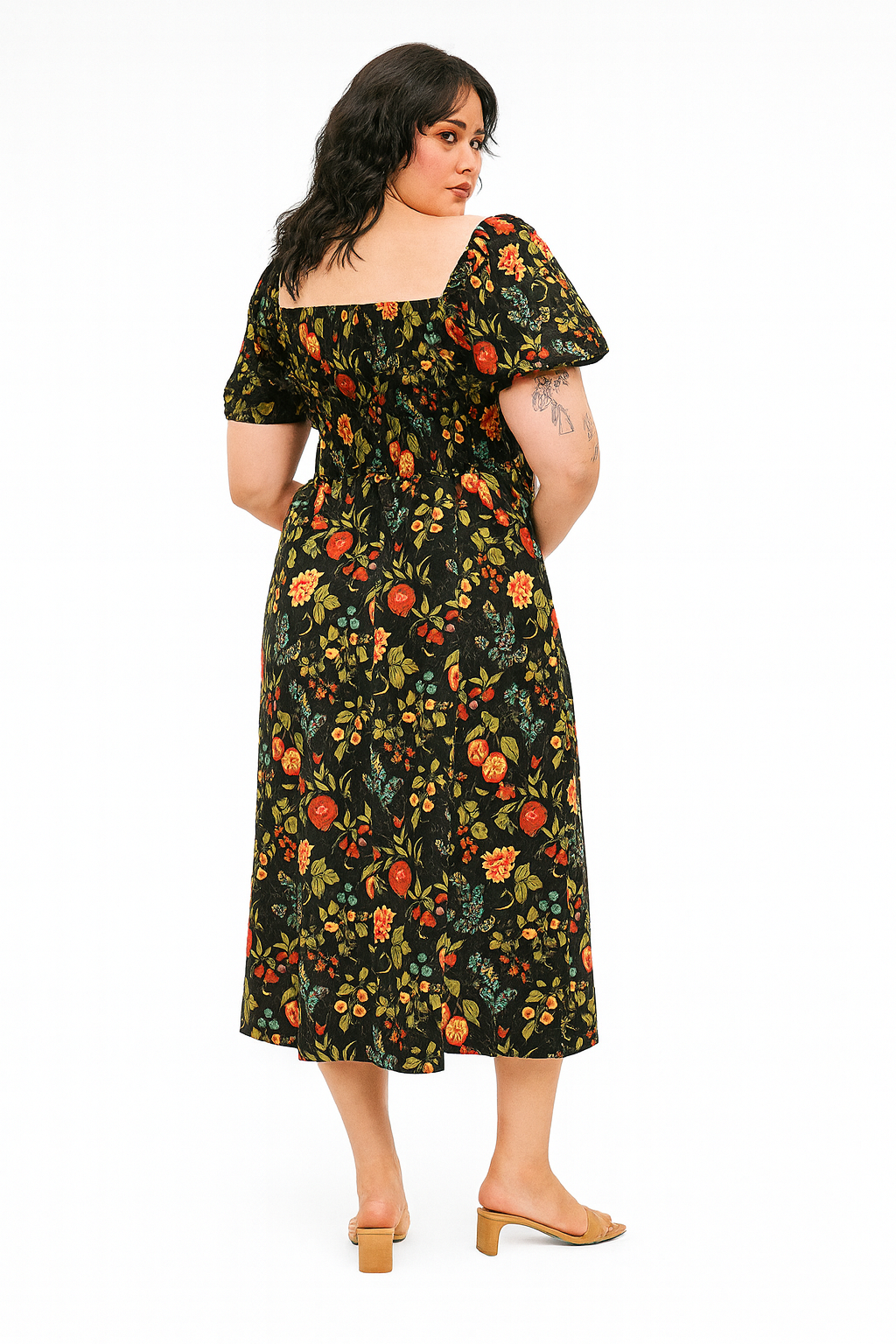 Damen Midikleid mit Karreeausschnitt und Puffärmeln