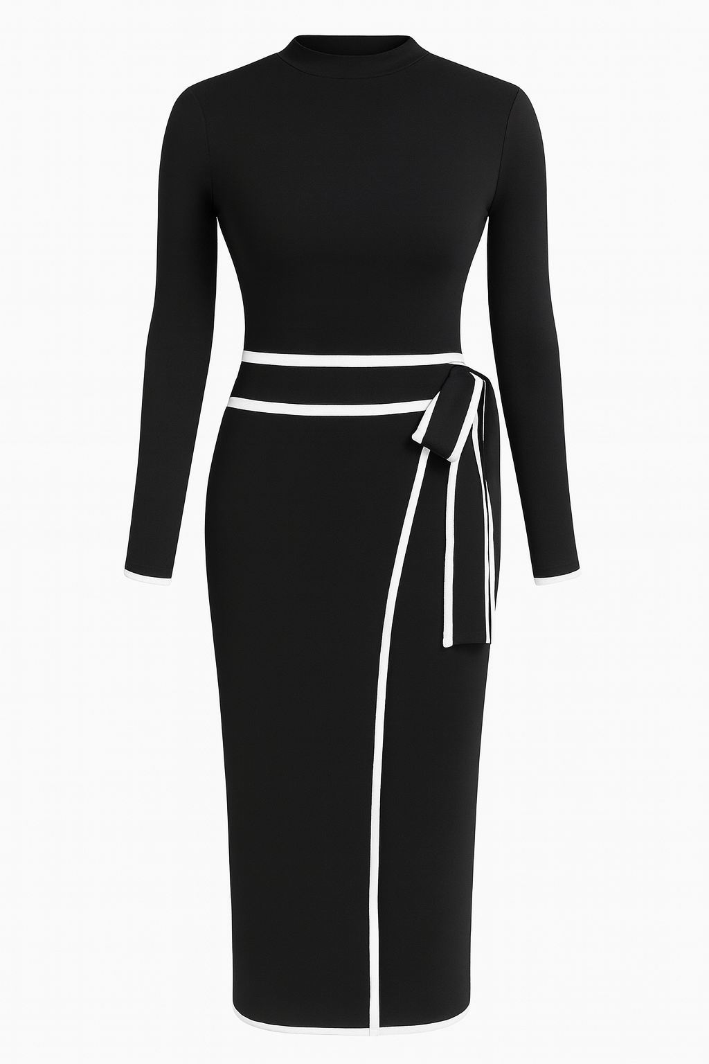 Damen Strick-Midikleid mit Stehkragen und Bindegürtel