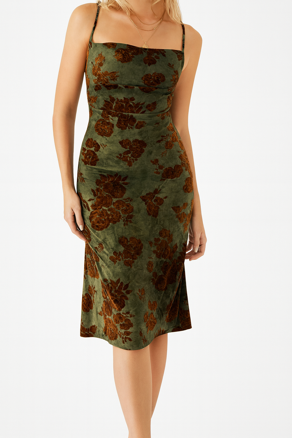 Damen Samt-Midikleid mit Spaghettiträgern und Blumenmuster