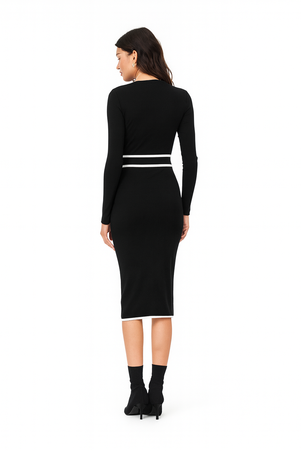 Damen Strick-Midikleid mit Stehkragen und Bindegürtel