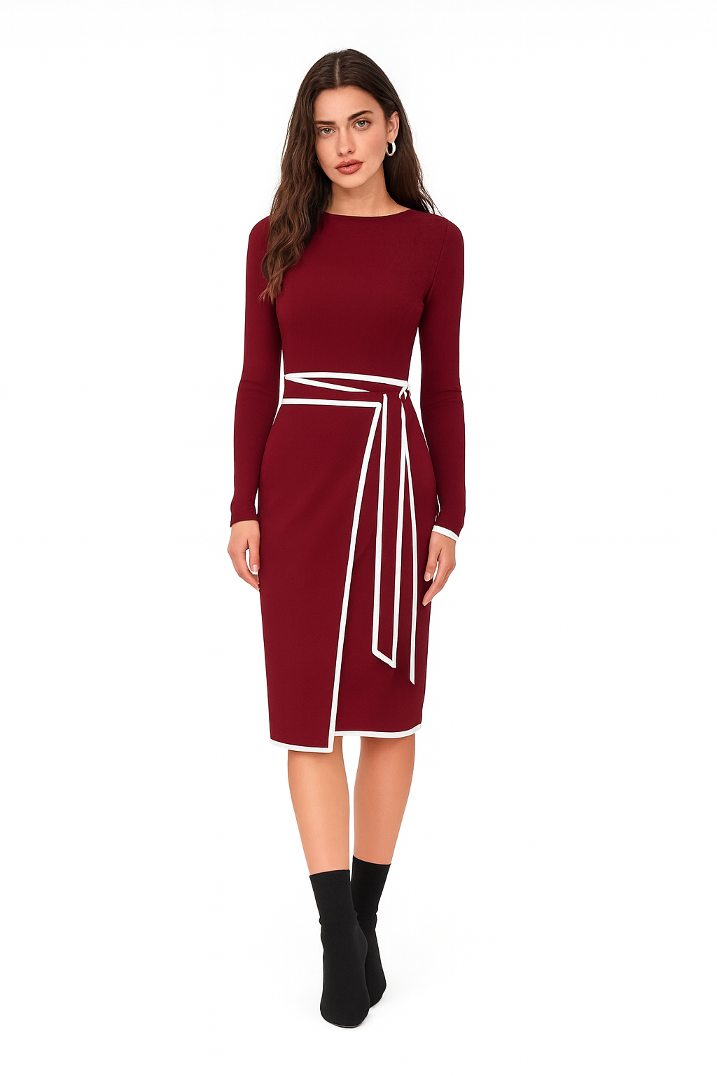 Damen Strick-Midikleid mit Stehkragen und Bindegürtel