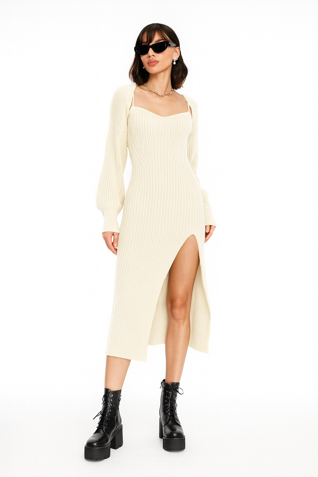 Damen Strick-Midikleid mit langen Ärmeln und hohem Schlitz