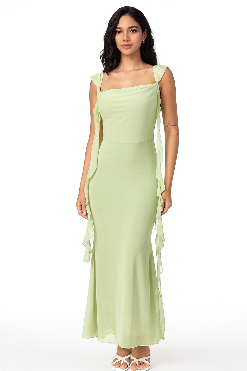 Damen Maxikleid mit Rüschen und figurbetonter Silhouette