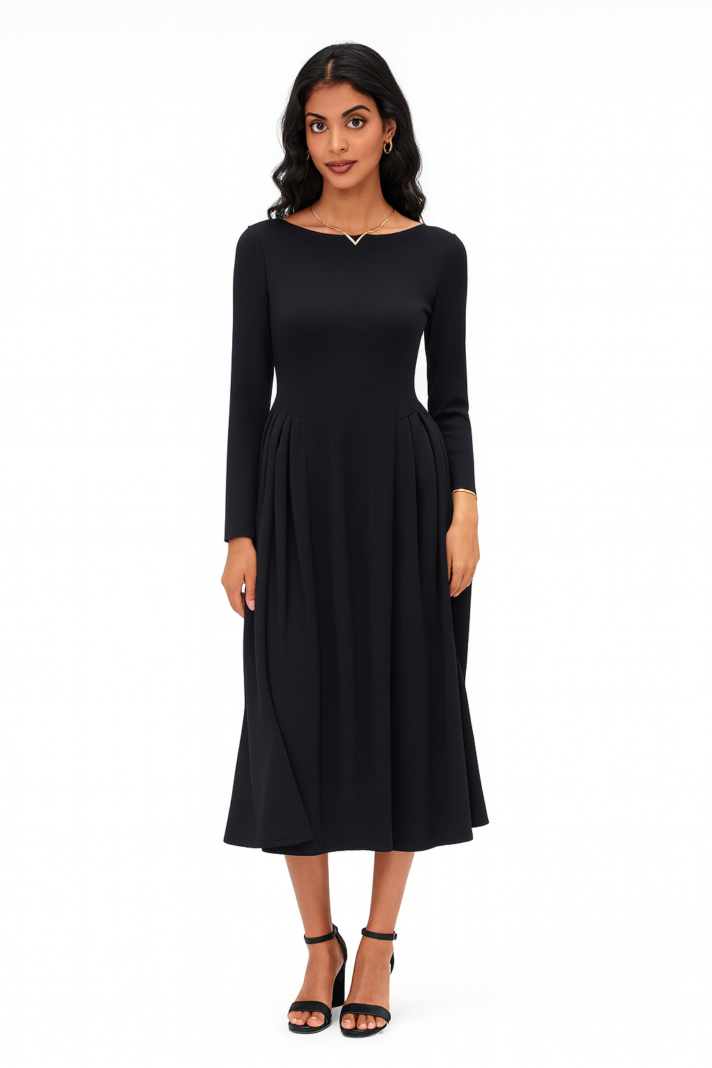 Damen Midikleid mit langen Ärmeln und A-Linie