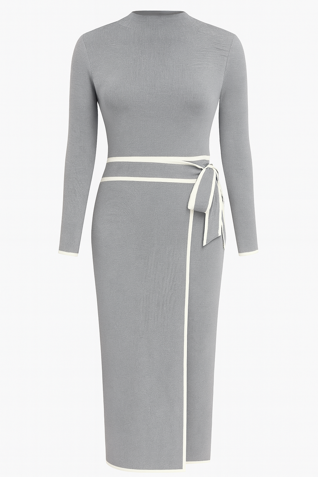 Damen Strick-Midikleid mit Stehkragen und Bindegürtel