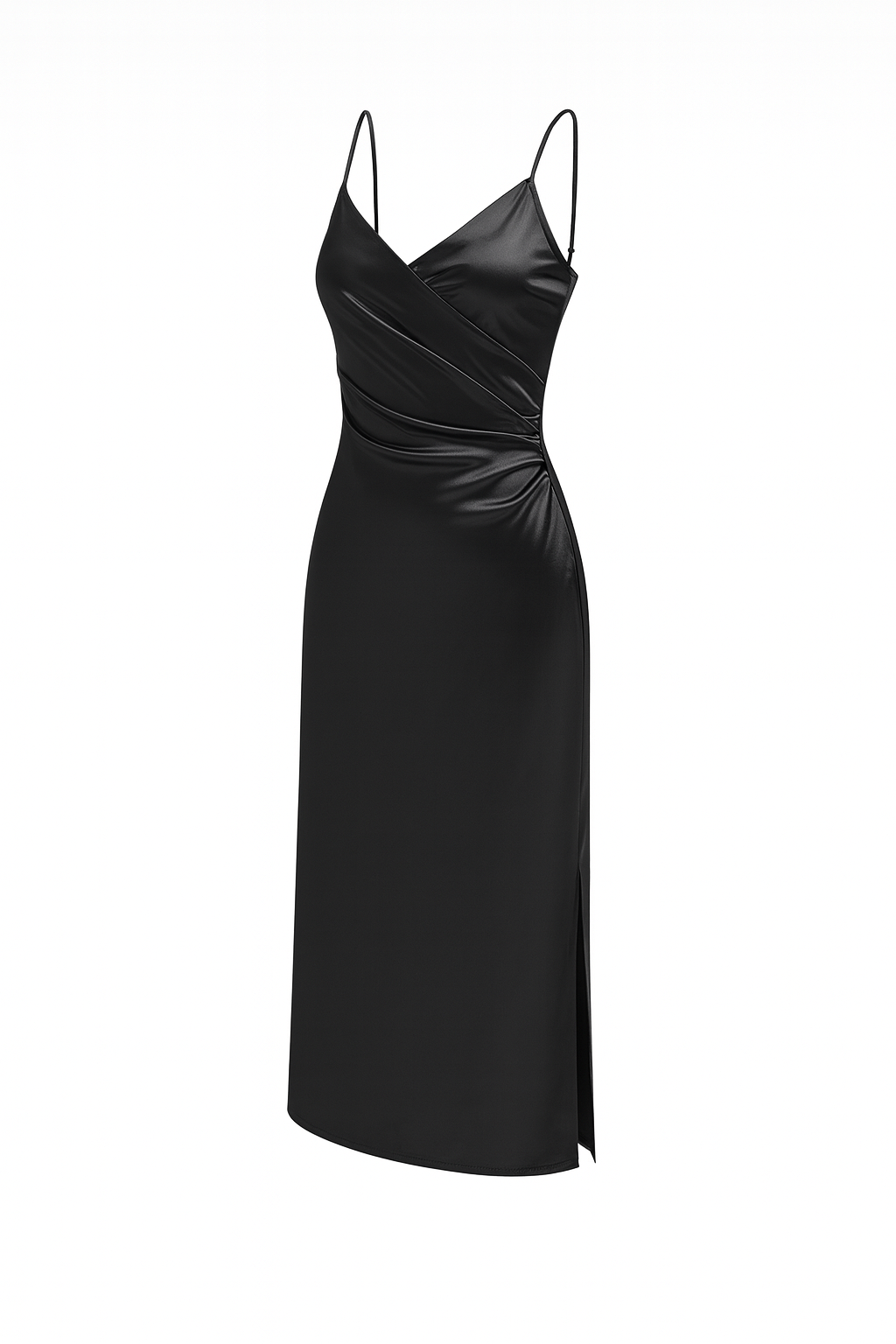 Damen Satinkleid mit Spaghettiträgern und seitlicher Raffung