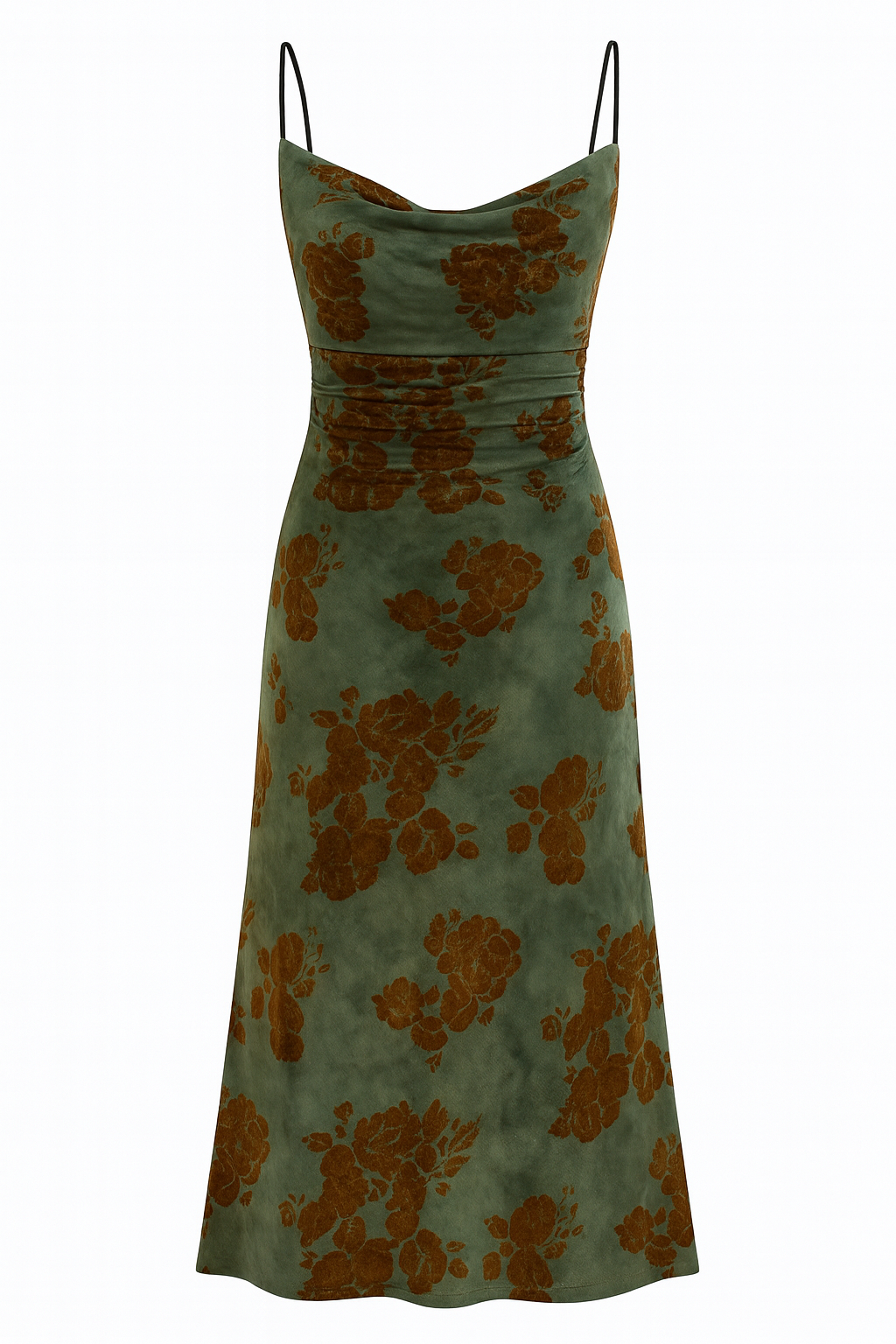 Damen Samt-Midikleid mit Spaghettiträgern und Blumenmuster