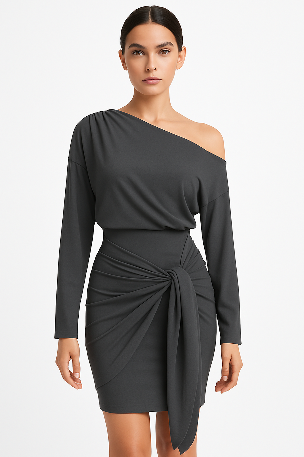 Damen One-Shoulder-Kleid mit Knotenfront und langen Ärmeln