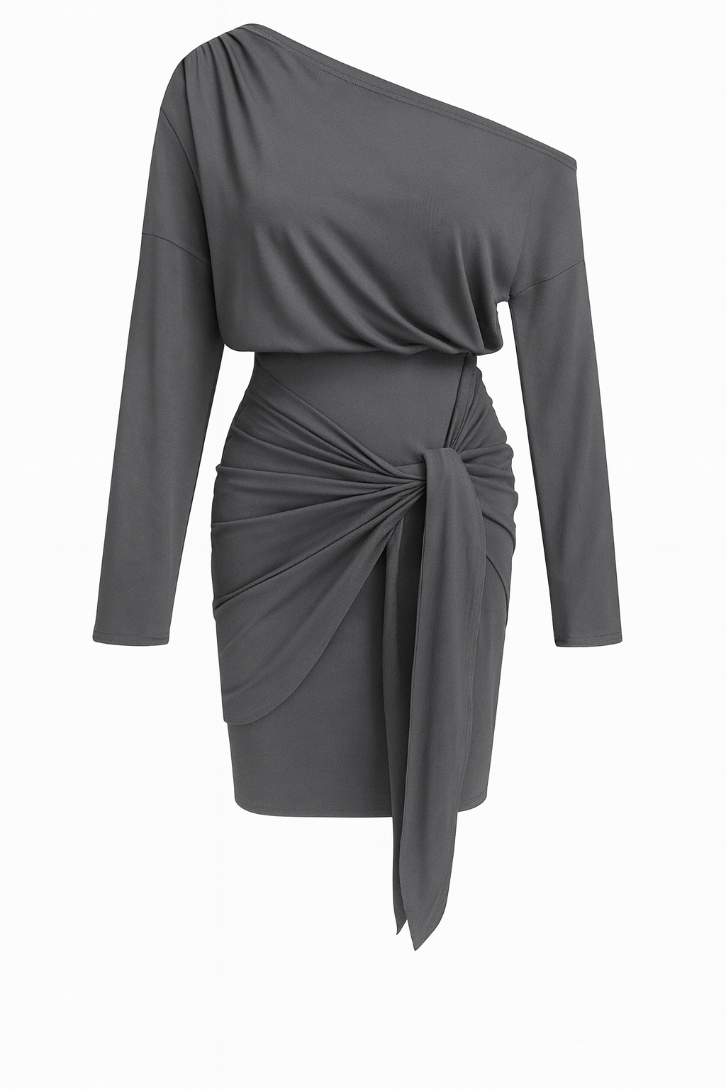 Damen One-Shoulder-Kleid mit Knotenfront und langen Ärmeln