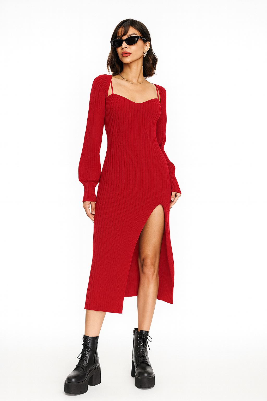 Damen Strick-Midikleid mit langen Ärmeln und hohem Schlitz