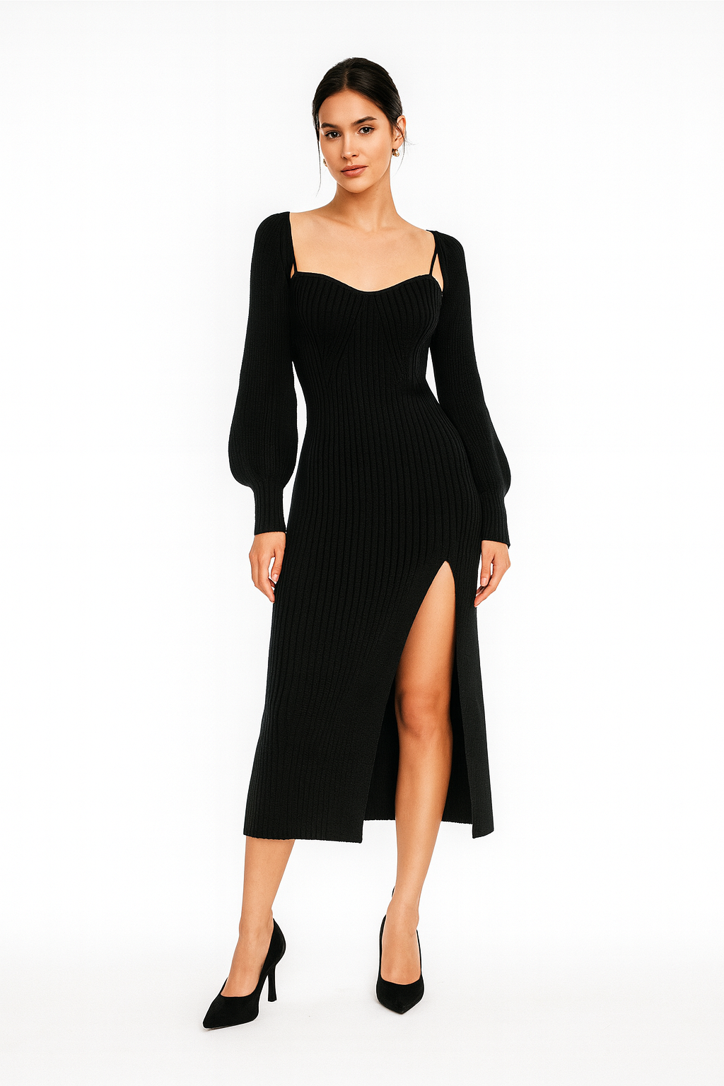 Damen Strick-Midikleid mit langen Ärmeln und hohem Schlitz