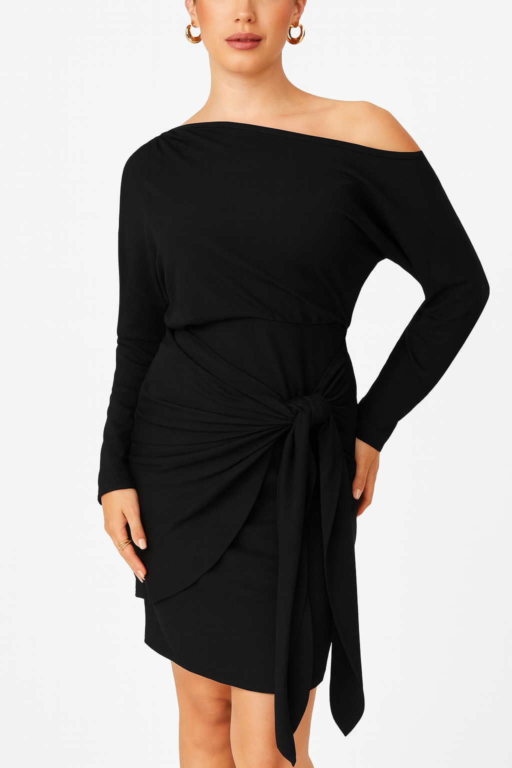 Damen One-Shoulder-Kleid mit Knotenfront und langen Ärmeln