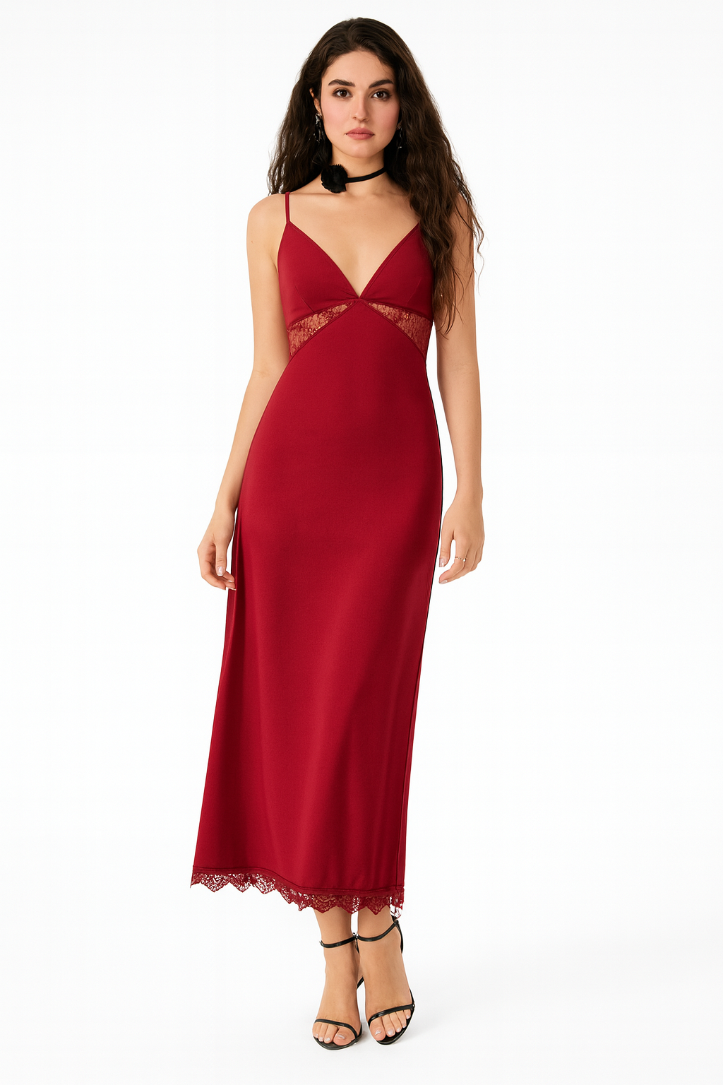 Damen Satinkleid mit Spitzenbesatz und Spaghettiträgern