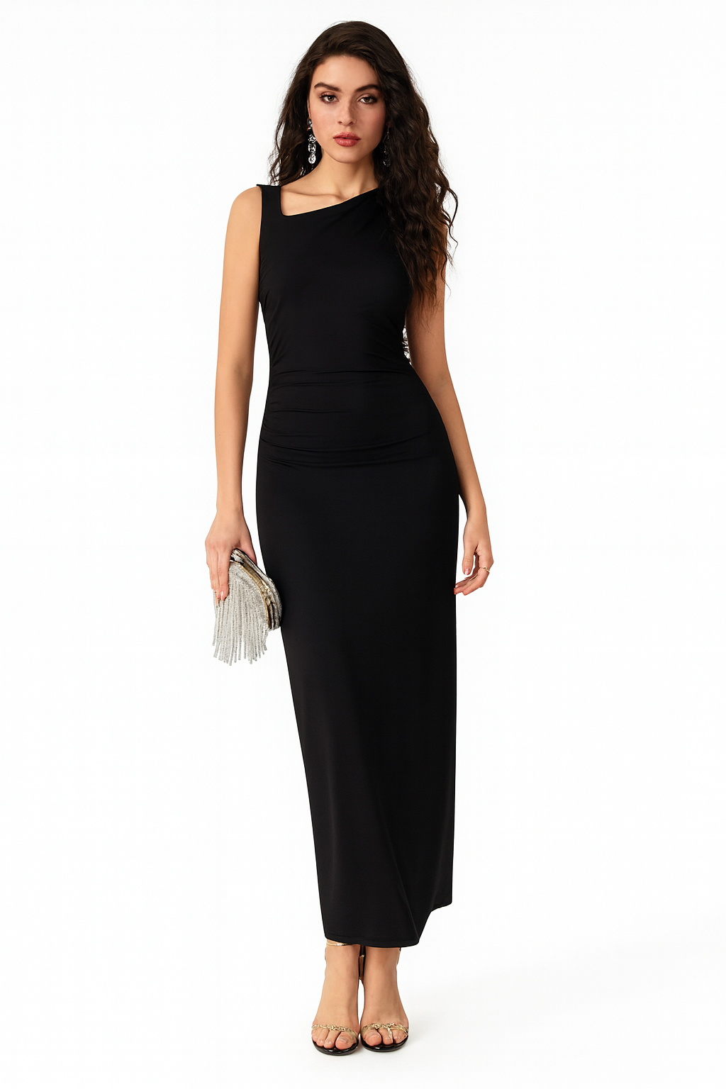 Gerafftes Maxi-Cocktailkleid für Damen mit asymmetrischem Ausschnitt