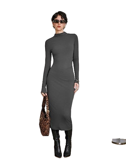 Damen Rippstrick-Midikleid mit langen Ärmeln und hohem Ausschnitt