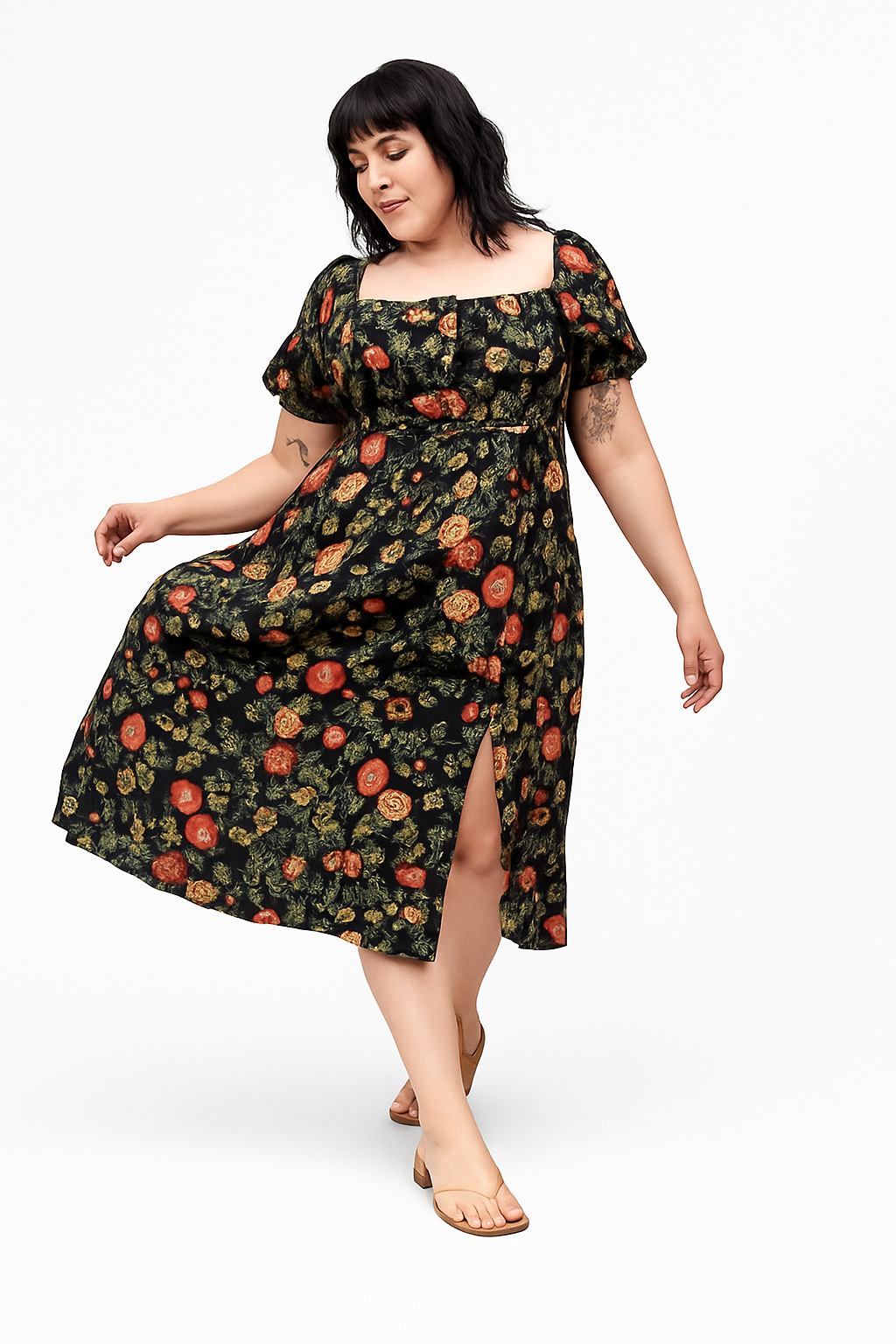 Damen Midikleid mit Karreeausschnitt und Puffärmeln