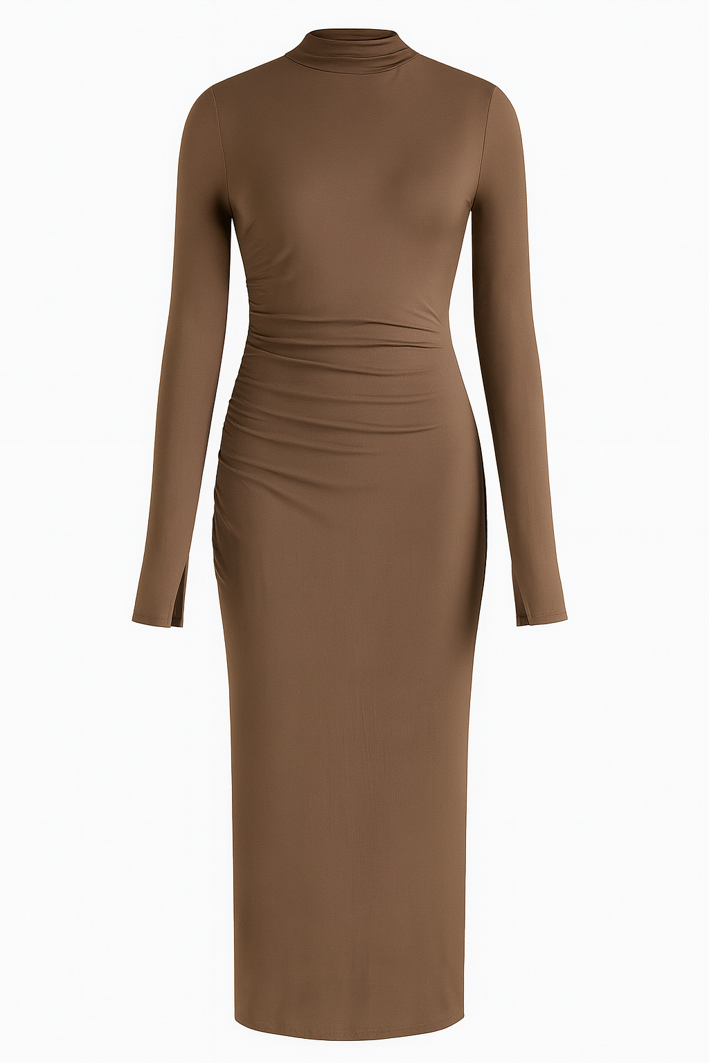 Damen Rippstrick-Midikleid mit langen Ärmeln und hohem Ausschnitt