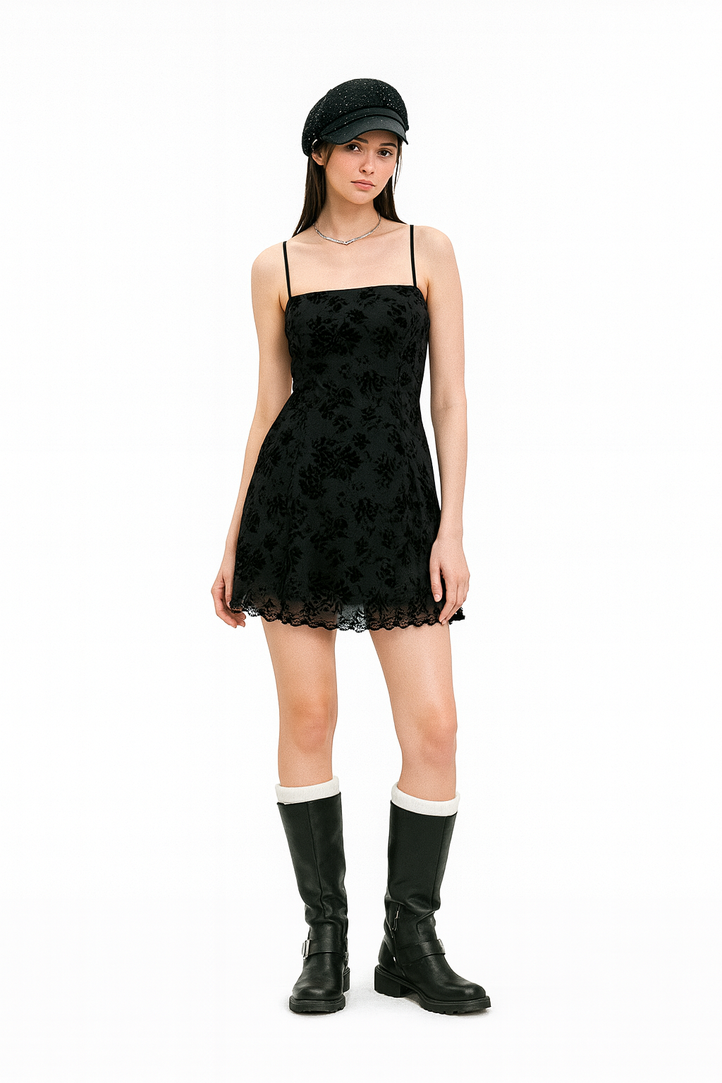 Damen Minikleid mit Karreeausschnitt, Spitzenbesatz und Spaghettiträgern