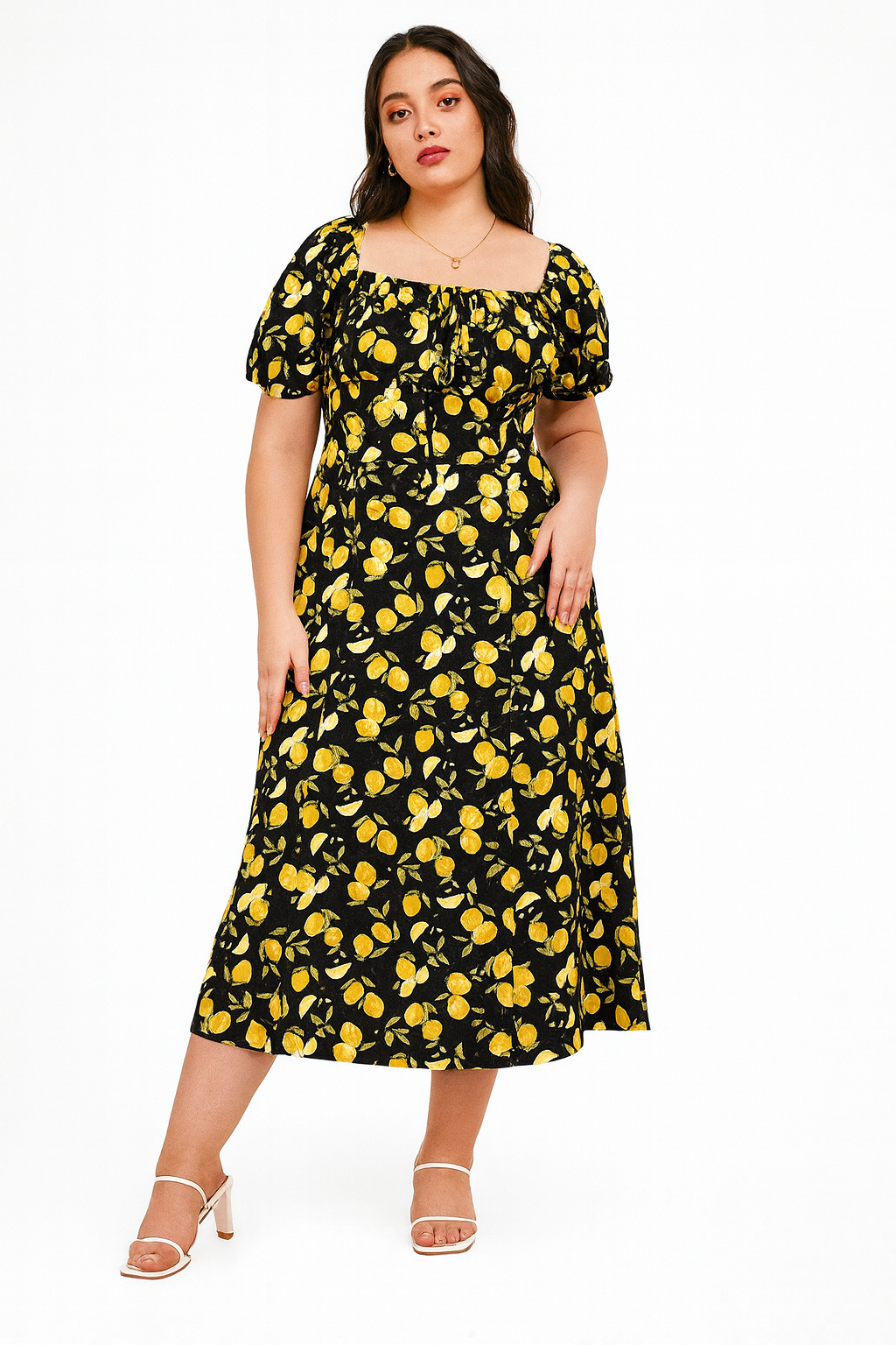 Damen Midikleid mit Karreeausschnitt und Puffärmeln