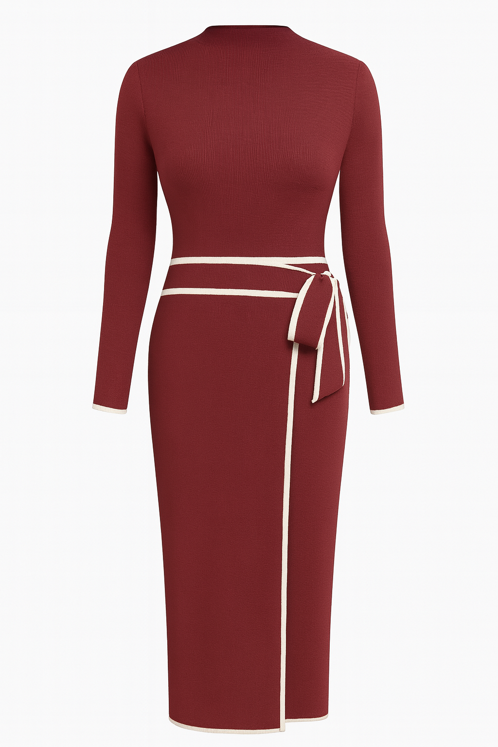 Damen Strick-Midikleid mit Stehkragen und Bindegürtel